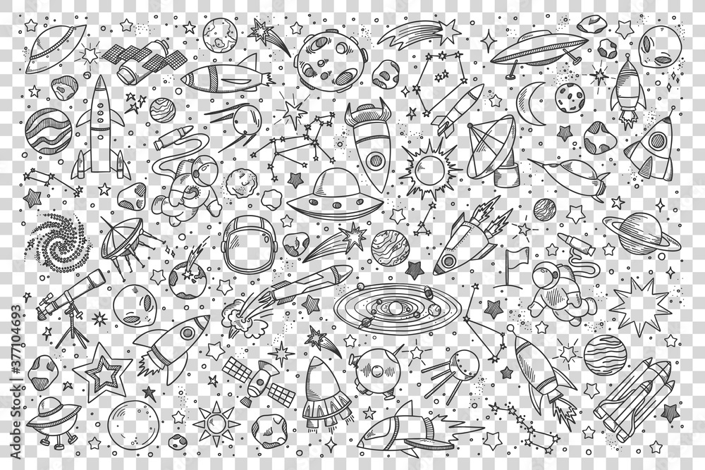 Space doodle set Collection of hand drawn sketches templates patterns of cosmic objects stars and planets with meteors and black holes on transparent background. Universe or galaxy illustration.