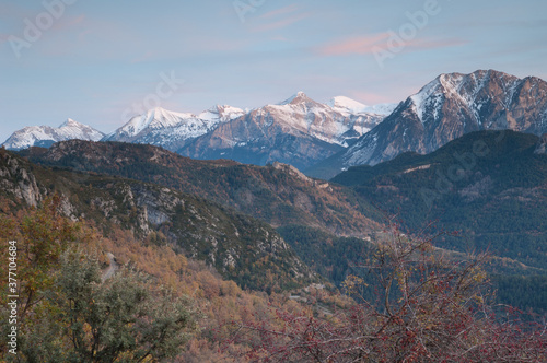 Escuain Valley and peaks of the Ordesa and Monte Perdido National Park. Pyrenees. Huesca. Aragon. Spain.