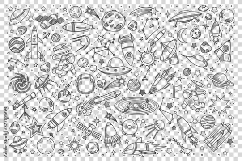 Space doodle set Collection of hand drawn sketches templates patterns of cosmic objects stars and planets with meteors and black holes on transparent background. Universe or galaxy illustration.