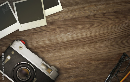 A flat lay photography mockup, with a film camera, polaroids and copy space to add your own titles