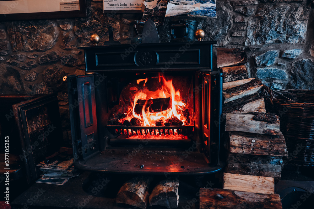 Fire in the fireplace, Applecross Inn, Scottish highlands