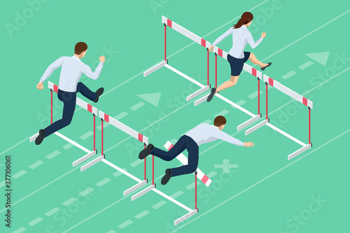 Isometric business people jumping over obstacle. Overcome obstacles. Business competition concept.