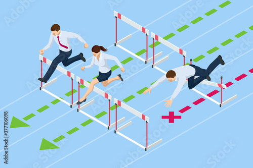 Isometric business people jumping over obstacle. Overcome obstacles. Business competition concept.