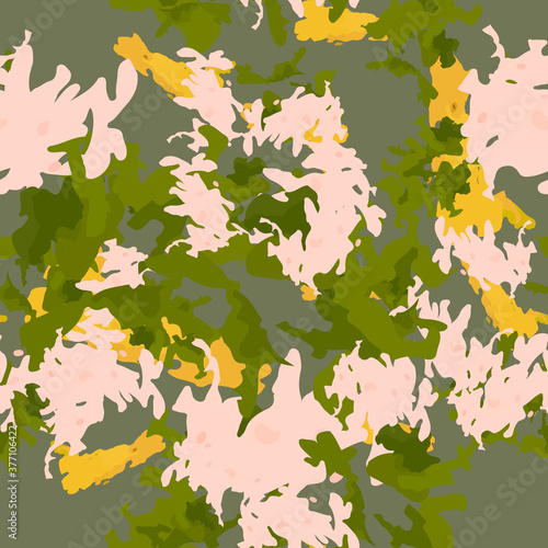 Forest camouflage of various shades of green, yellow and beige colors