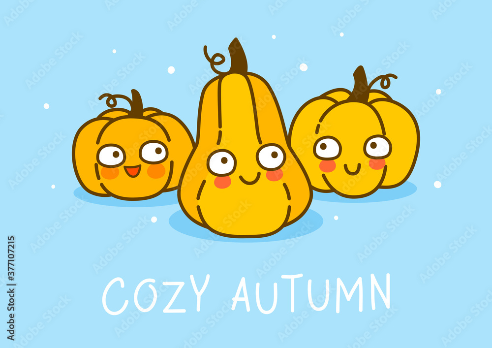 Cute pumpkins on blue background - cartoon characters for cozy autumn and Halloween greeting card and poster design Cute pumpkins on blue background - cartoon characters for cozy autumn and Halloween greeting card and poster design