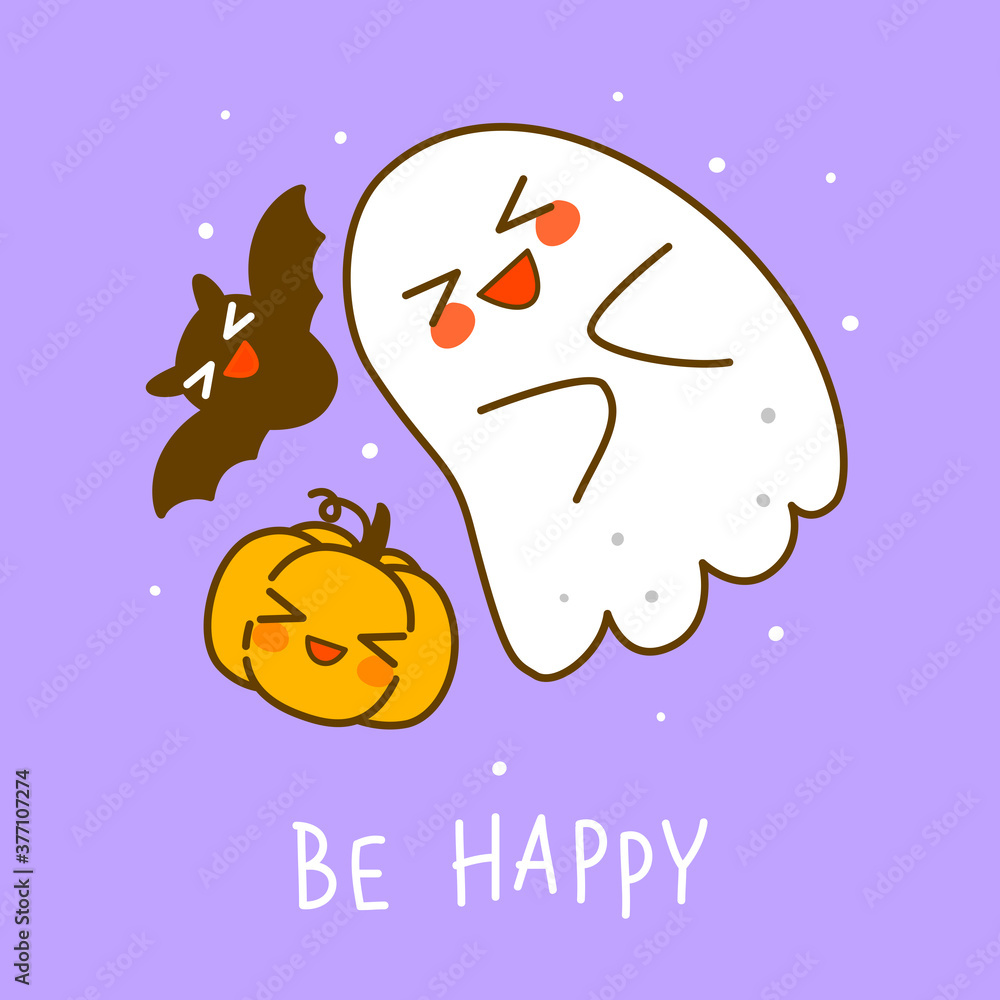 Cute little ghost with pumpkin and bat on purple background - cartoon character for funny Halloween greeting card and poster design Cute little ghost with pumpkin and bat on purple background - cartoon character for funny Halloween greeting card and poster design