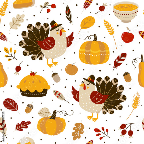 Seamless pattern with cute turkey and autumn elements for Thanksgiving day design