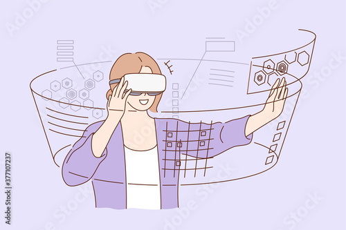 Technology, virtual reality, entertainment concept. Young happy smiling excited woman girl cartoon character standing with vr glasses goggles. Technological progress and modern lifestyle illustration.