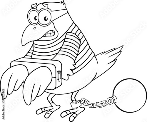 Black And White Jail Bird Cartoon Character. Vector Illustration Isolated On White Background