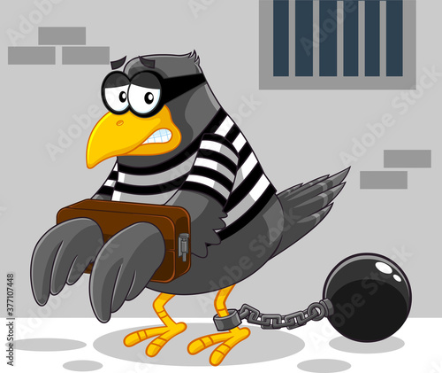 Sad Jail Bird Cartoon Character. Vector Illustration With Prison Background