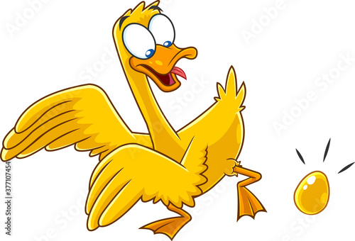 Golden Goose Cartoon Character With Golden Egg. Vector Illustration Isolated On White Background