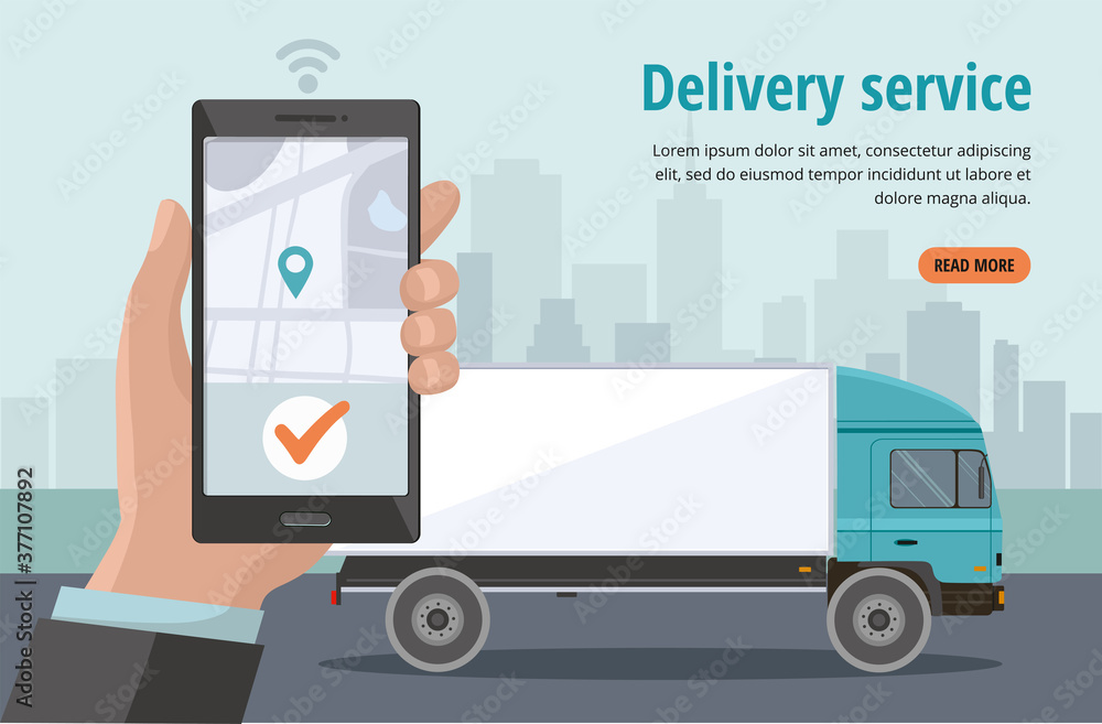 Online delivery van service concept, finding map on phone. Hand holding smartphone with mobile app for goods tracking and order.