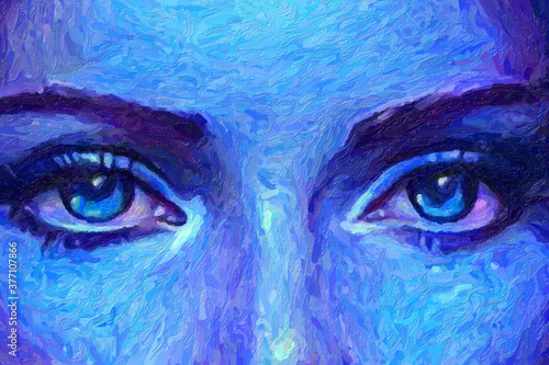 Digital paint. Conceptual abstract mystical picture of closeup beautiful eyes of a girl in blue tones.