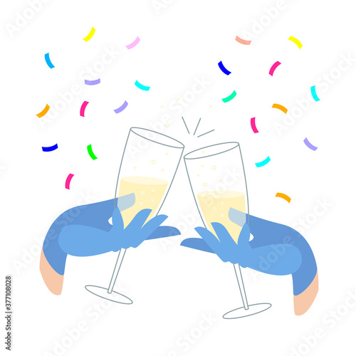 celebrating victory of doctors over the virus, pandemic, disease. hand paramedic holds a glass with champagne in blue protective gloves. cheers.