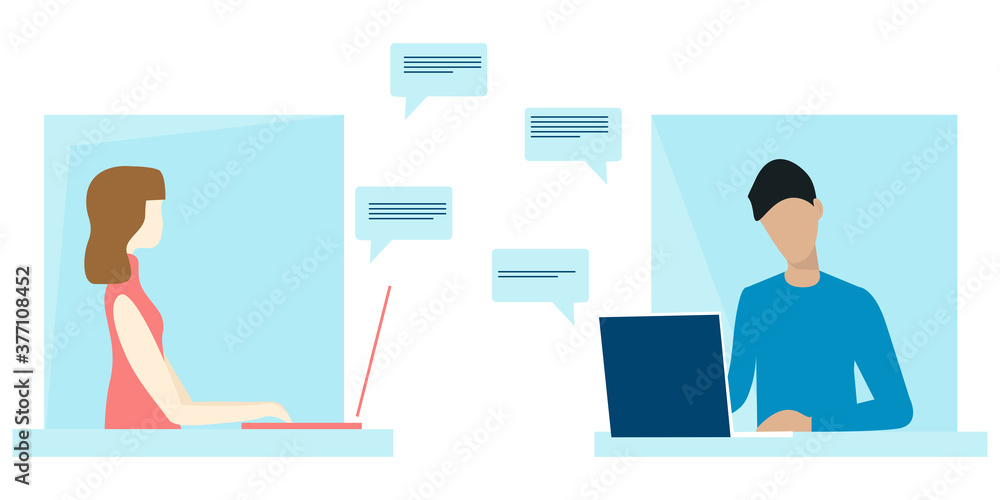 Online communication. Woman and man sitting at desk, looking at computer screen and talking online. Working at home office. Vector Illustration.