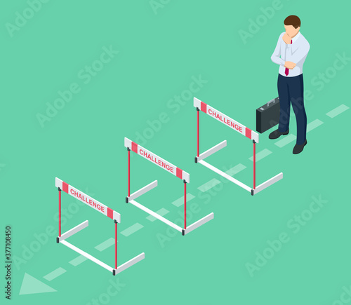 Isometric businessman thinks over how to overcome obstacles on the way to business success. Hurdle on way concept. Overcome obstacles. Business competition.
