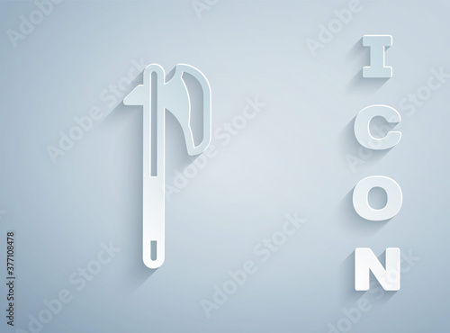 Paper cut Medieval axe icon isolated on grey background. Battle axe, executioner axe. Medieval weapon. Paper art style. Vector.