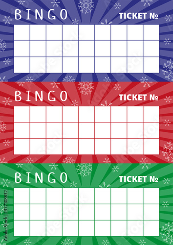 Christmas bingo cards with red, blue, green glowing backgrounds and snowflakes. Fun British lottery tickets with place for numbers. Ready for print, suitable for A4 format. Vector illustration