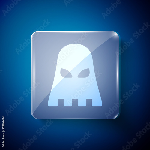 White Executioner mask icon isolated on blue background. Hangman, torturer, executor, tormentor, butcher, headsman icon. Square glass panels. Vector.