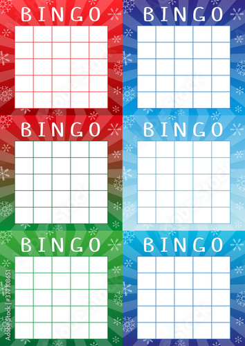 Christmas bingo cards for fun family game. American lottery tickets with glowing backgrounds and snowflakes. Vector templates with place for numbers. Ready for print, suitable for A4 format