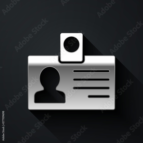 Silver Identification badge icon isolated on black background. It can be used for presentation, identity of the company, advertising. Long shadow style. Vector.