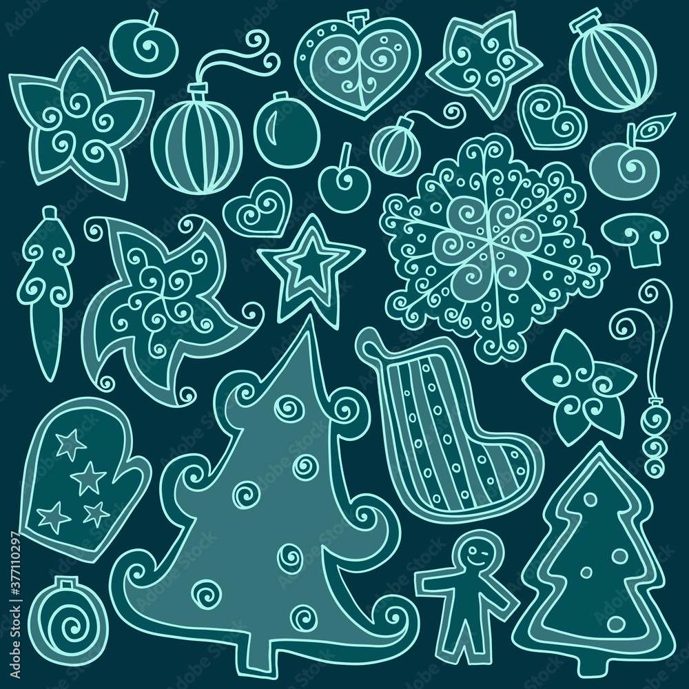Fototapeta premium Outline vector Christmas winter elements on green background. Christmas tree, snowflakes, decorations, cookie and stars.
