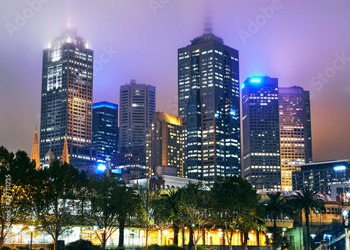 Skyscrapers in the financial district of Melbourne illuminated at night