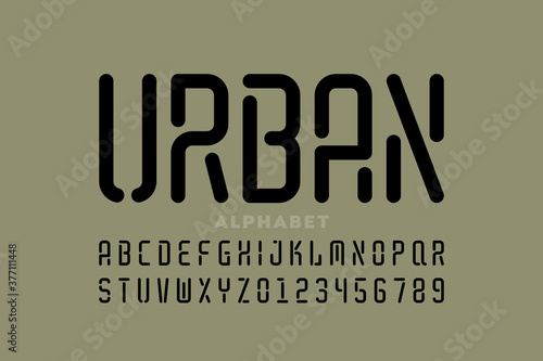 Stencil style font, alphabet letters and numbers vector illustration