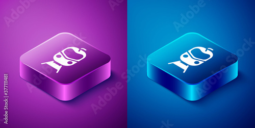 Isometric Train and railway icon isolated on blue and purple background. Public transportation symbol. Subway train transport. Metro underground. Square button. Vector.