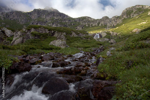 Alpine stream with waterfalls. Alpine stream among rocks overgrown with green bushes. Hanging valley of the Koshtansu river. Caucasus.