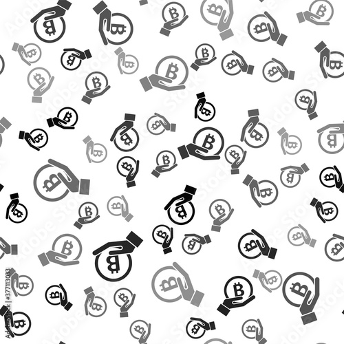 Black Hand holding Bitcoin icon isolated seamless pattern on white background. Blockchain technology, digital money market, cryptocoin wallet. Vector.