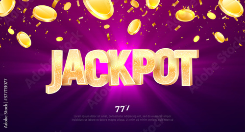Jackpot golden 3d word on falling down confetti background. Winning vector illustration. Advertising of prize in gamble games on purple background