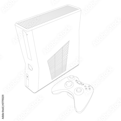 Contour of a game console with a remote control from black lines isolated on a white background. Isometric view. Vector illustration