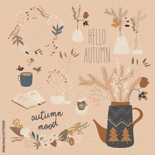 Cartoon autumn plants in different bottles. Autumn mood