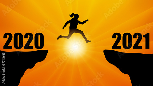 Silhouette of jumping woman over chasm between mountains. Transition from 2020 to 2021, new year. Vector illustration