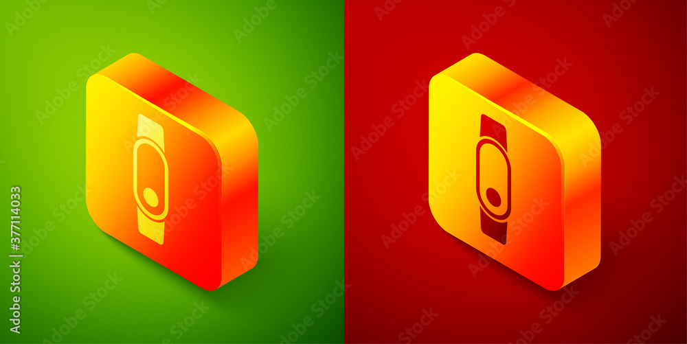 Isometric Smartwatch icon isolated on green and red background. Square button. Vector. Isometric Smartwatch icon isolated on green and red background. Square button. Vector.
