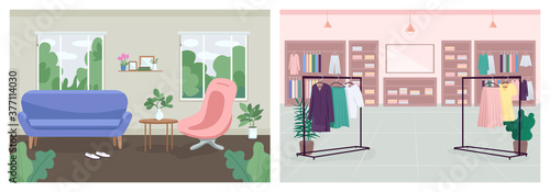 Interior decoration flat color vector illustration set. Consulting, therapy office. Cloth boutique. Living-room. Fashion store. Clothes emporium and waiting room 2D cartoon interiors collection