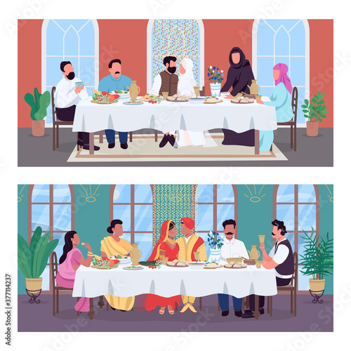 Traditional oriental wedding dinner flat color vector illustration set. Indian and muslim marriage. Cultural diversity 2D cartoon characters with national home decoration on background collection