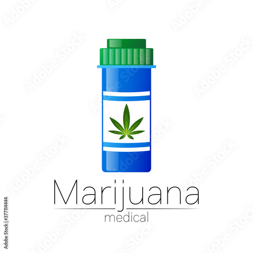Cannabis vector logotype for medicine and doctor. Medical marijuana symbol with pill bottle. Pharmaceuticals with plant and leaf for health. Concept sign of green herb. Green color on white.