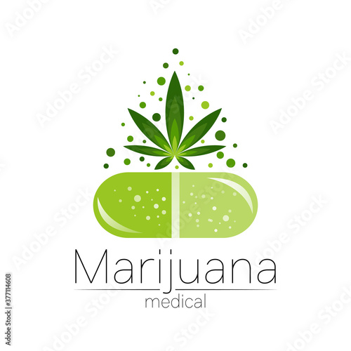 Medical cannabis symbol in vector. Logotype for marijuana, nature herbal medicine, therapy, doctors and store, business. Isolated on white background. Green color. Big capsule