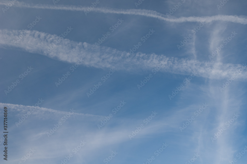 Contrails of airplanes in the sky of Huesca. Aragon. Spain. Contrails of airplanes in the sky of Huesca. Aragon. Spain.