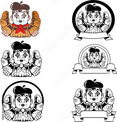 cute cartoon mime with croissant in hands, bakery logo