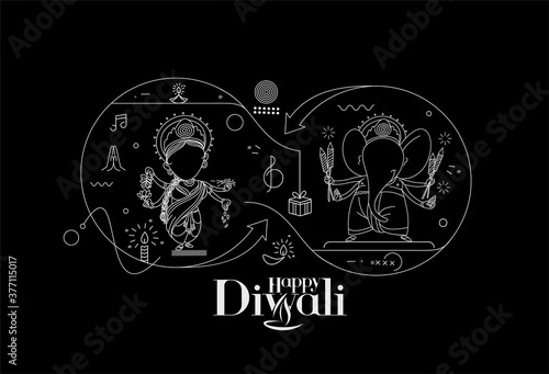 Diwali Hindu festival greeting card, Hand Drawn line art Vector illustration.