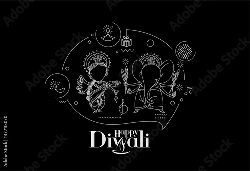 Diwali Hindu festival greeting card, Hand Drawn line art Vector illustration.