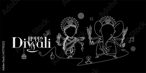 Diwali Hindu festival greeting card, Hand Drawn line art Vector illustration.