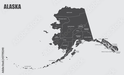 The Alaska map divided in counties with labels, USA