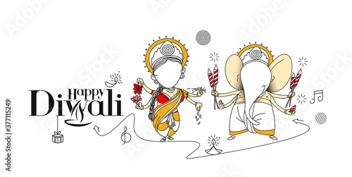 Diwali Hindu festival greeting card, Hand Drawn line art Vector illustration.