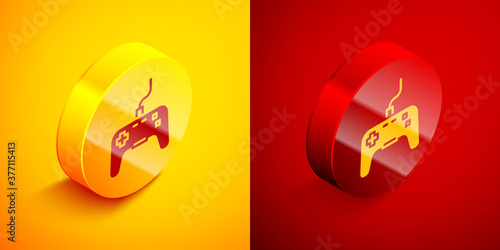 Isometric Gamepad icon isolated on orange and red background. Game controller. Circle button. Vector.