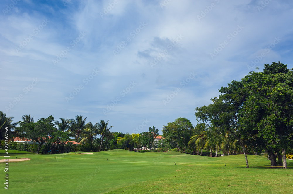 Golf course in Dominican republic. field of grass and coconut palms on Seychelles island.