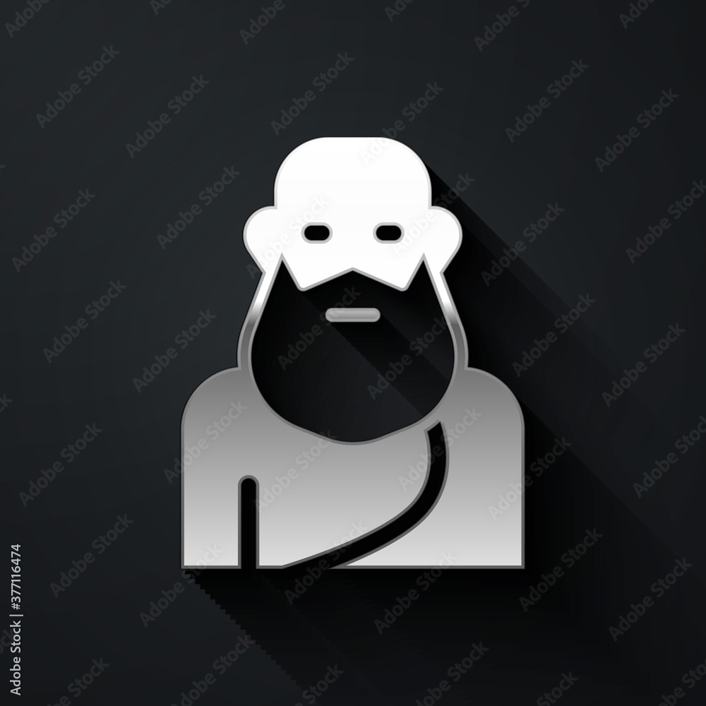Silver Socrates icon isolated on black background. Sokrat ancient greek Athenes ancient philosophy. Long shadow style. Vector. Silver Socrates icon isolated on black background. Sokrat ancient greek Athenes ancient philosophy. Long shadow style. Vector.